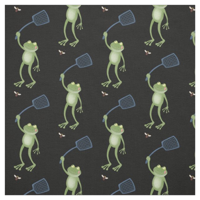 Funny green frog swatting fly cartoon  fabric (Swatch)