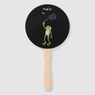 Funny green frog swatting fly cartoon hand fan