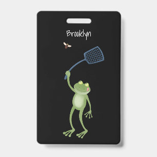 Funny green frog swatting fly cartoon  ID badge