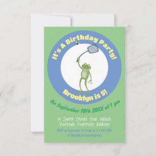 Funny green frog swatting fly cartoon  invitation