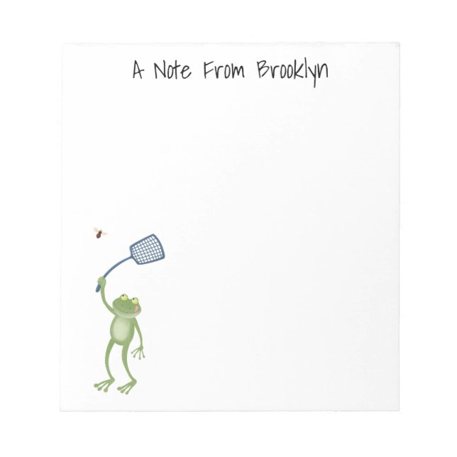 Funny green frog swatting fly cartoon notepad (Front)