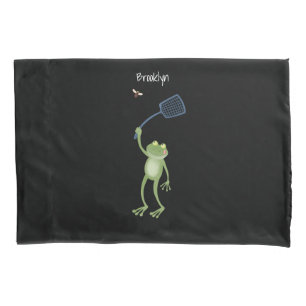 Funny green frog swatting fly cartoon pillowcase