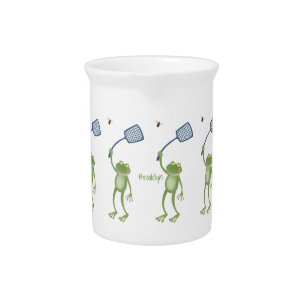 Funny green frog swatting fly cartoon  pitcher