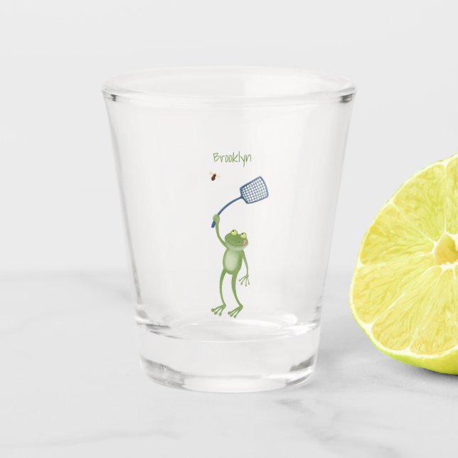 Funny green frog swatting fly cartoon  shot glass (Front)