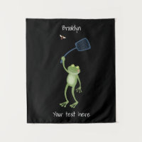 Funny green frog swatting fly cartoon