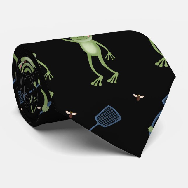 Funny green frog swatting fly cartoon tie (Rolled)