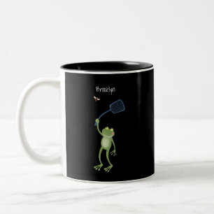 Funny green frog swatting fly cartoon Two-Tone coffee mug