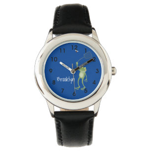 Funny green frog swatting fly cartoon  watch