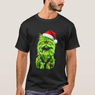 Funny Green Persian Cat Christmas Lights Santa Hat T-Shirt