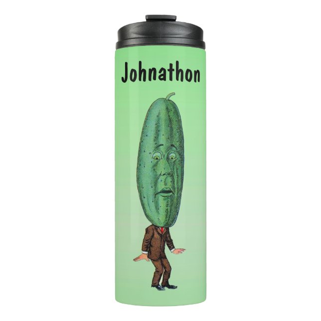 Funny Green Pickle Head Man Wearing Suit Green Thermal Tumbler (Front)