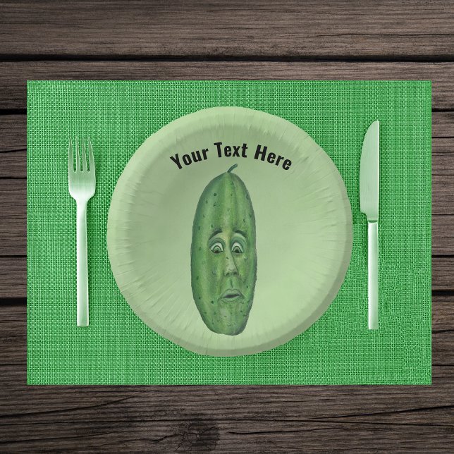 Funny Green Pickle With Surprised Face on Green Paper Plate (funny big green pickle surprised face open mouth and wide green eyes on light green paper party bowl)