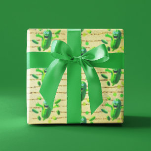Funny Green Pickleman on Gold Background  Wrapping Paper