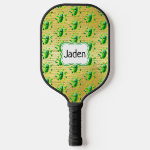 Funny Green Pickleman on Gold Personalised Pickleball Paddle