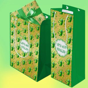 Funny Green Pickleman on Golden Background  Wine Gift Bag