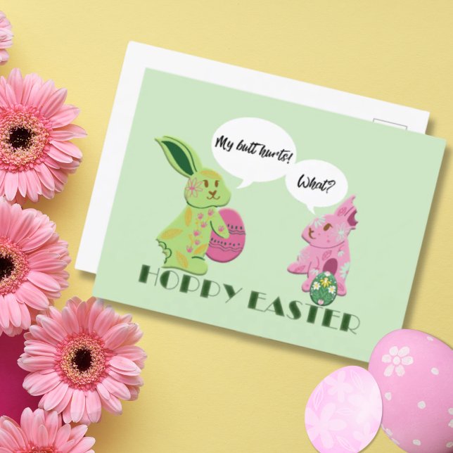 Funny Green Pink Easter Bunnies Illustration Holiday Postcard (Creator Uploaded)
