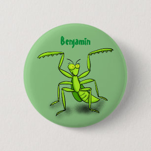 Funny green praying mantis cartoon illustration 6 cm round badge