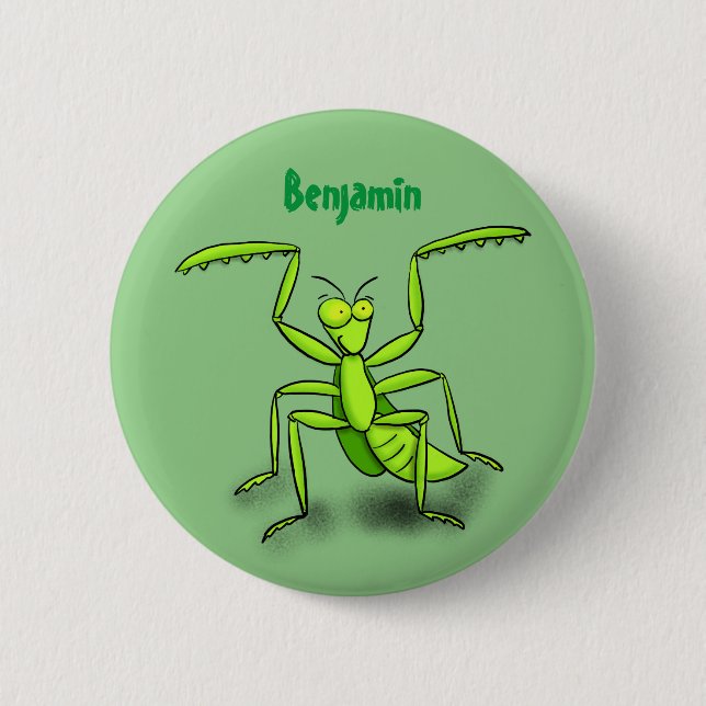 Funny green praying mantis cartoon illustration 6 cm round badge (Front)