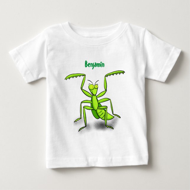Funny green praying mantis cartoon illustration baby T-Shirt (Front)