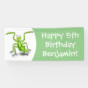 Funny green praying mantis cartoon illustration banner