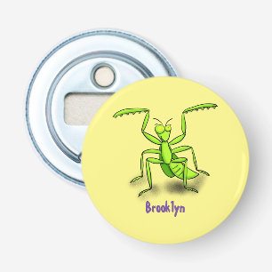 Funny green praying mantis cartoon illustration bottle opener