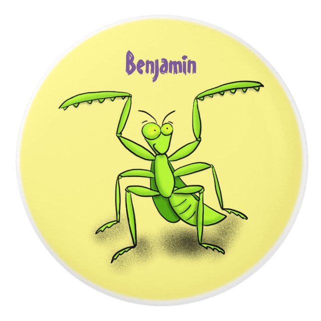 Funny green praying mantis cartoon illustration ceramic knob (Front)