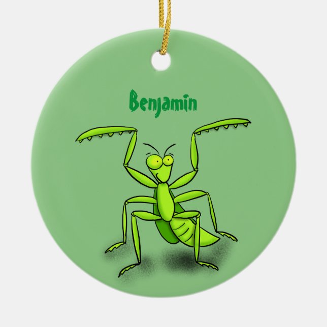 Funny green praying mantis cartoon illustration ceramic tree decoration (Front)