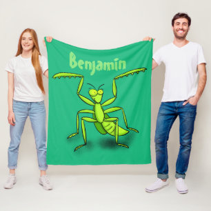 Funny green praying mantis cartoon illustration fleece blanket
