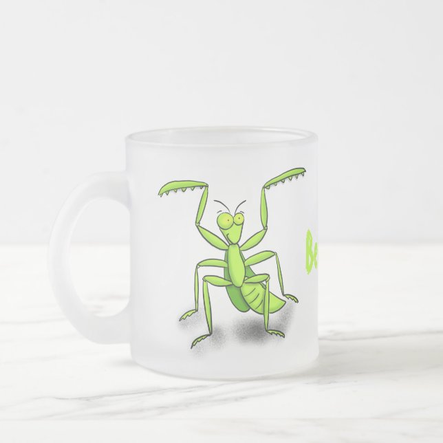 Funny green praying mantis cartoon illustration frosted glass coffee mug (Left)