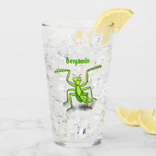 Funny green praying mantis cartoon illustration glass