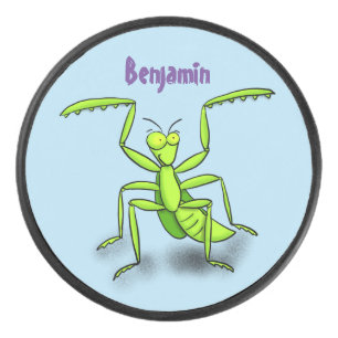 Funny green praying mantis cartoon illustration hockey puck