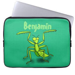 Funny green praying mantis cartoon illustration laptop sleeve