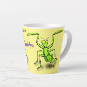 Funny green praying mantis cartoon illustration latte mug