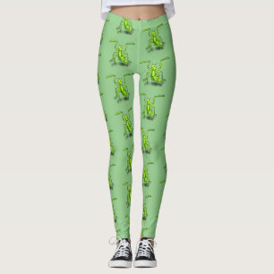 Funny green praying mantis cartoon illustration leggings