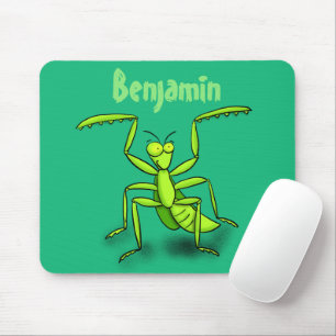 Funny green praying mantis cartoon illustration mouse pad
