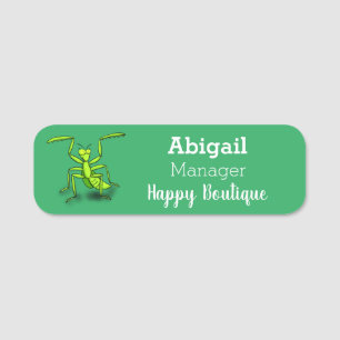 Funny green praying mantis cartoon illustration name tag