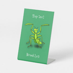 Funny green praying mantis cartoon illustration pedestal sign