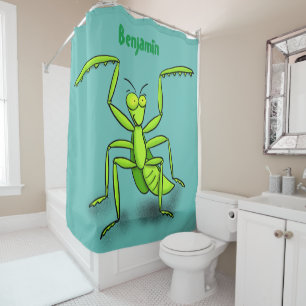 Funny green praying mantis cartoon illustration shower curtain