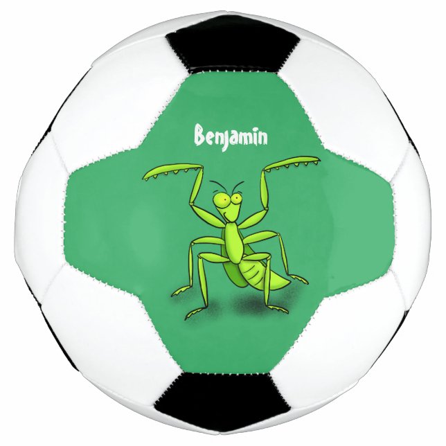 Funny green praying mantis cartoon illustration soccer ball (Front)