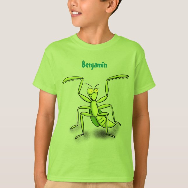Funny green praying mantis cartoon illustration T-Shirt (Front)