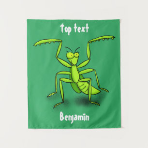 Funny green praying mantis cartoon illustration tapestry