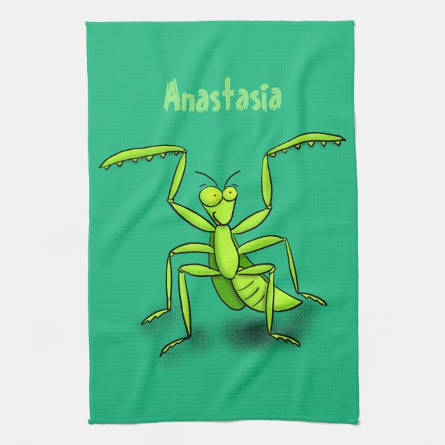 Funny green praying mantis cartoon illustration tea towel (Vertical)