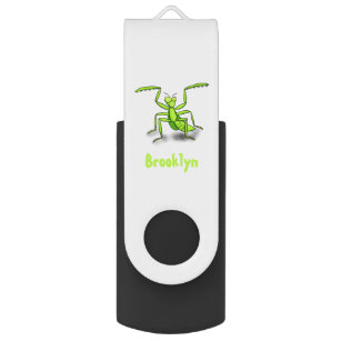Funny green praying mantis cartoon illustration USB flash drive