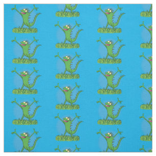 Funny green smiling animated iguana fabric