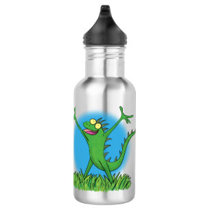 Funny green smiling animated iguana lizard 532 ml water bottle
