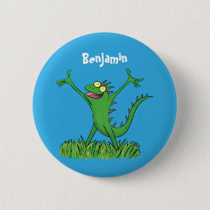 Funny green smiling animated iguana lizard 6 cm round badge