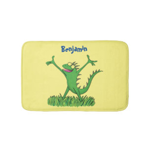 Funny green smiling animated iguana lizard  bath mat