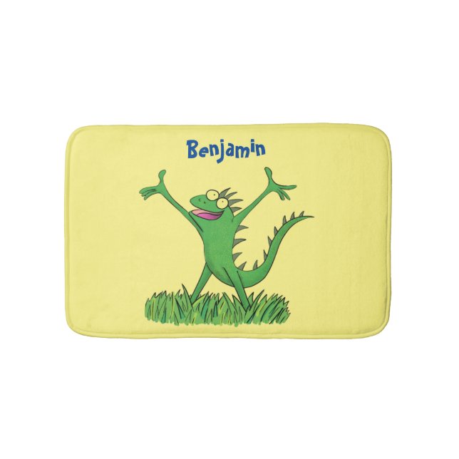 Funny green smiling animated iguana lizard  bath mat (Front)