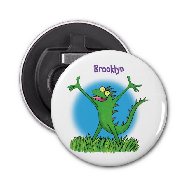 Funny green smiling animated iguana lizard bottle opener (Front)