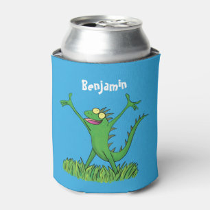 Funny green smiling animated iguana lizard can cooler