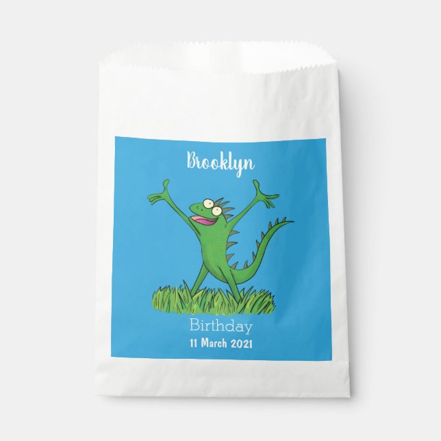 Funny green smiling animated iguana lizard favour bags (Front)